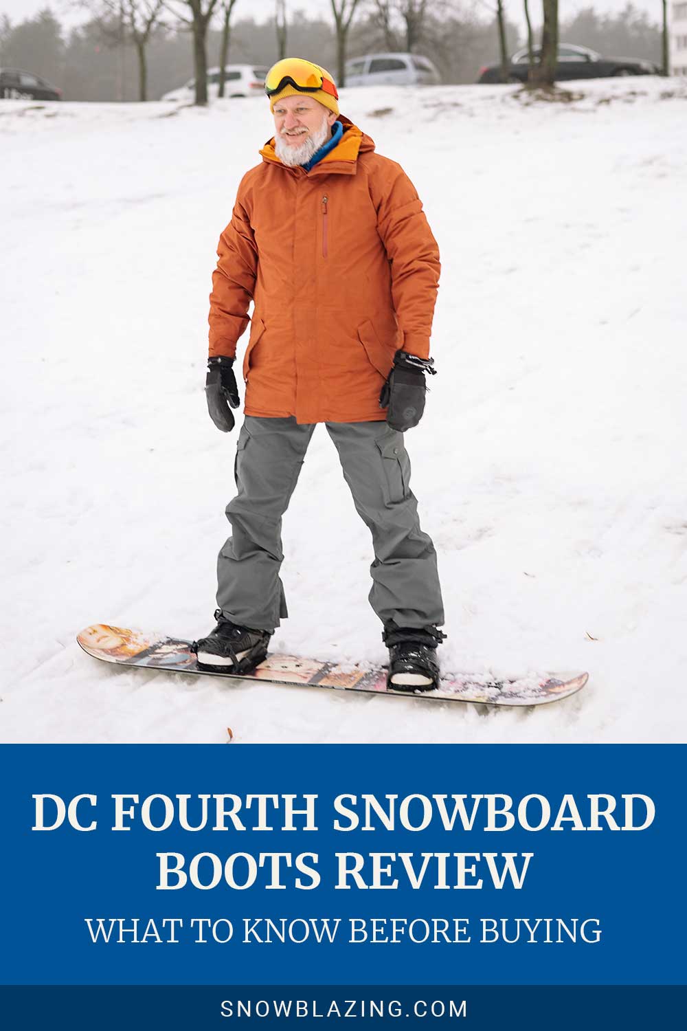 Man in orange jacket snowboarding - DC Fourth Snowboard Boots Review