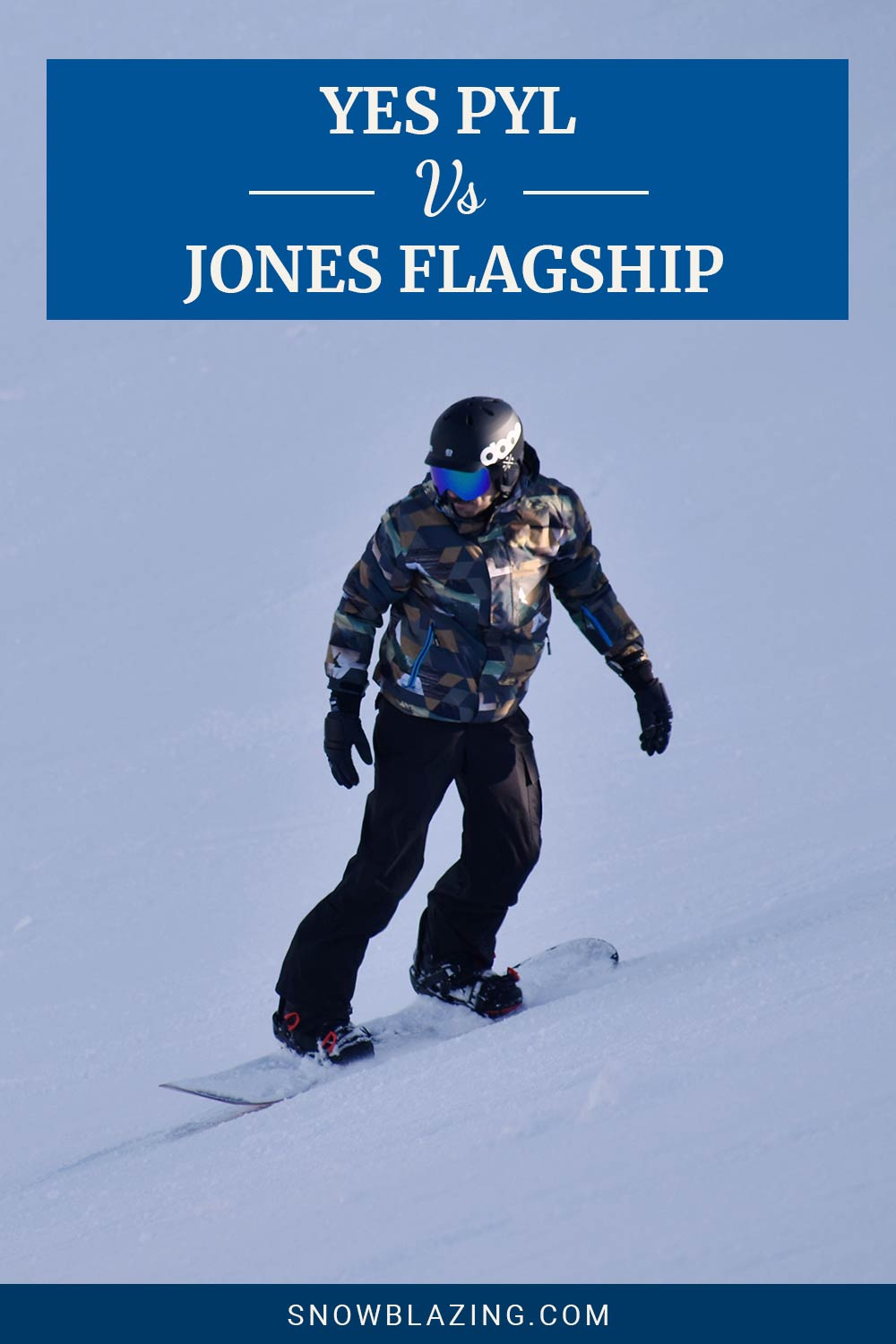 Man wearing blue goggles snowboarding - Yes PYL vs. Jones Flagship – Which Should You Ride?