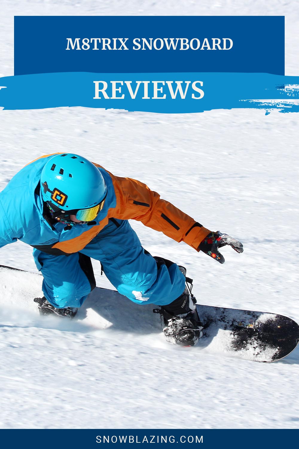 Man in Blue and orange jacket maneuvering with a snowboard - M8trix Snowboard Reviews