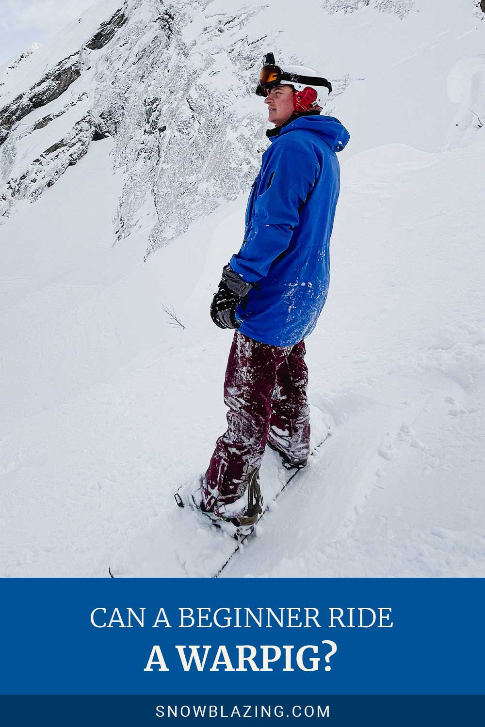 Man in blue jacket standing on a snowboard - Can A Beginner Ride A Warpig?