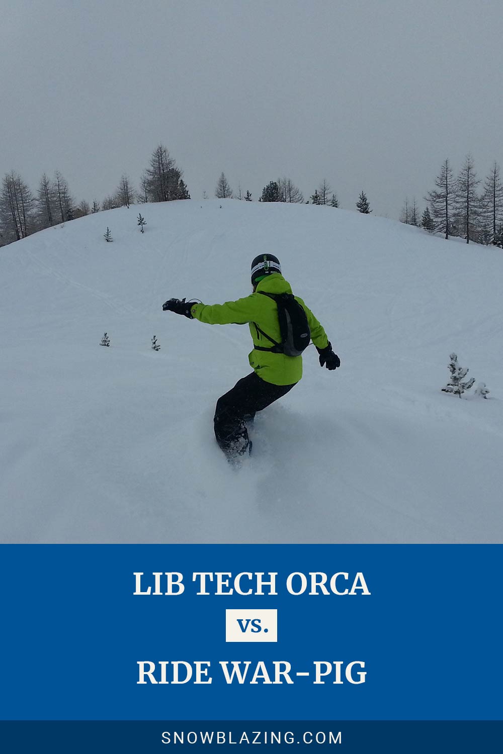 Person in neon green jacket snowboarding - Lib Tech Orca Vs Ride War-Pig