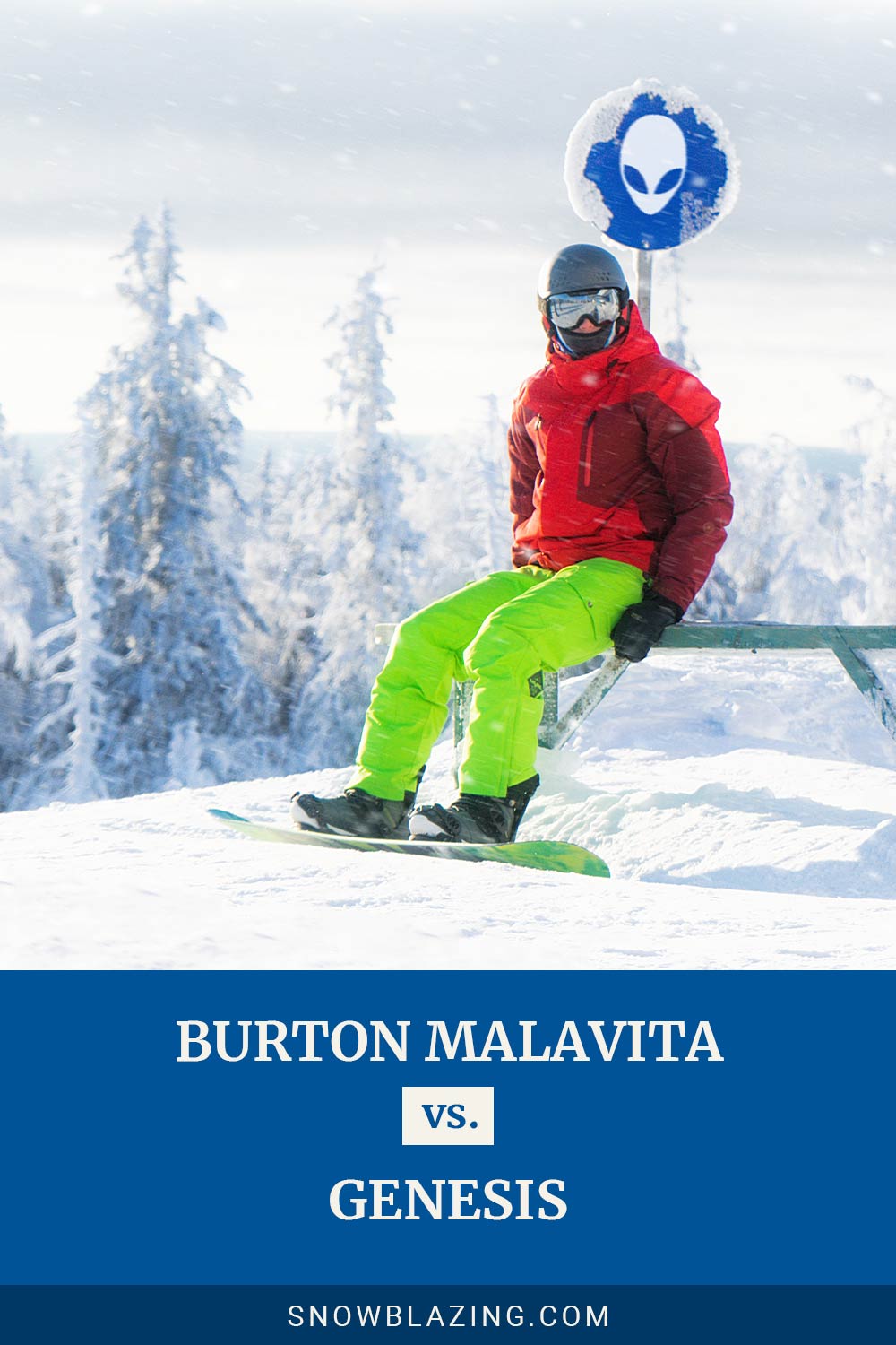 Man sitting in front of a sign with a snowboard - Burton Malavita vs. Genesis.