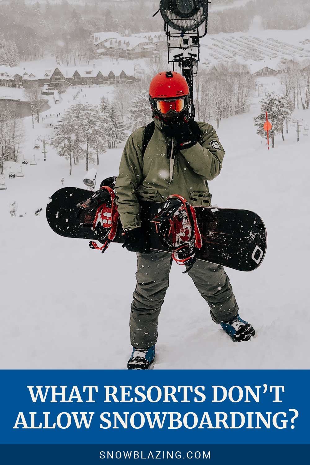 Person wearing snowboarding helmet and goggles posing with a snowboard in hand - What Resorts Don’t Allow Snowboarding?