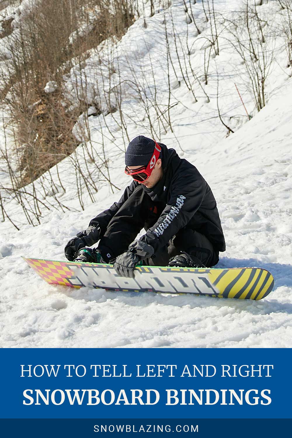 Man sitting in a snowboard track adjusting binding on boot - How to Tell Left and Right Snowboard Bindings.